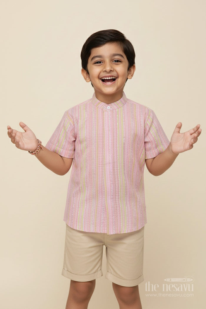 The Nesavu Boys Cotton Shirt Boys Cotton Shirt with Zari Stripes for Casual Festive Wear Nesavu 16 (1Y) / Multicolor BS343A-16 Nesavu boys cotton shirt zari stripes ethnic school day casual festive wear