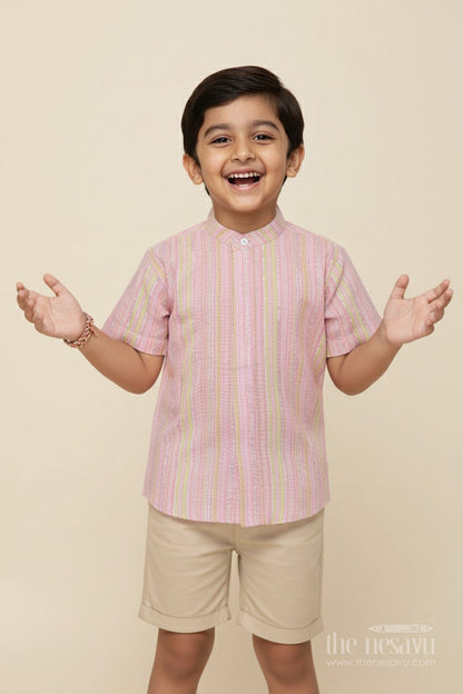 The Nesavu Boys Cotton Shirt Boys Cotton Shirt with Zari Stripes for Casual Festive Wear Nesavu 16 (1Y) / Multicolor BS343A-16 Nesavu boys cotton shirt zari stripes ethnic school day casual festive wear