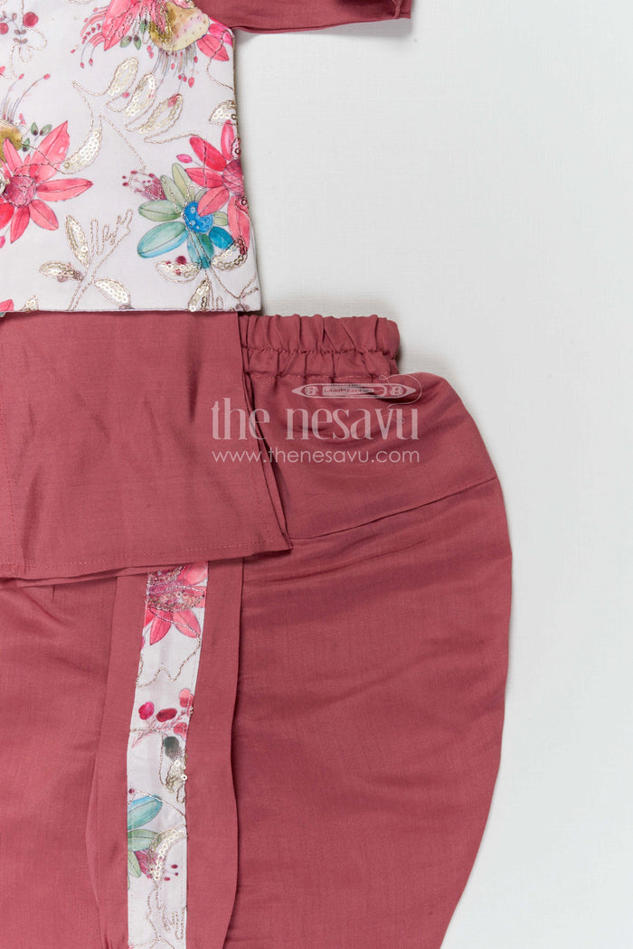The Nesavu Boys Dothi Set Boys Dhoti Set with Jacket for Festive Celebrations and Temple Visits Nesavu Nesavu boys dhoti set with digital print jacket for festivals temple visits and cultural celebrations