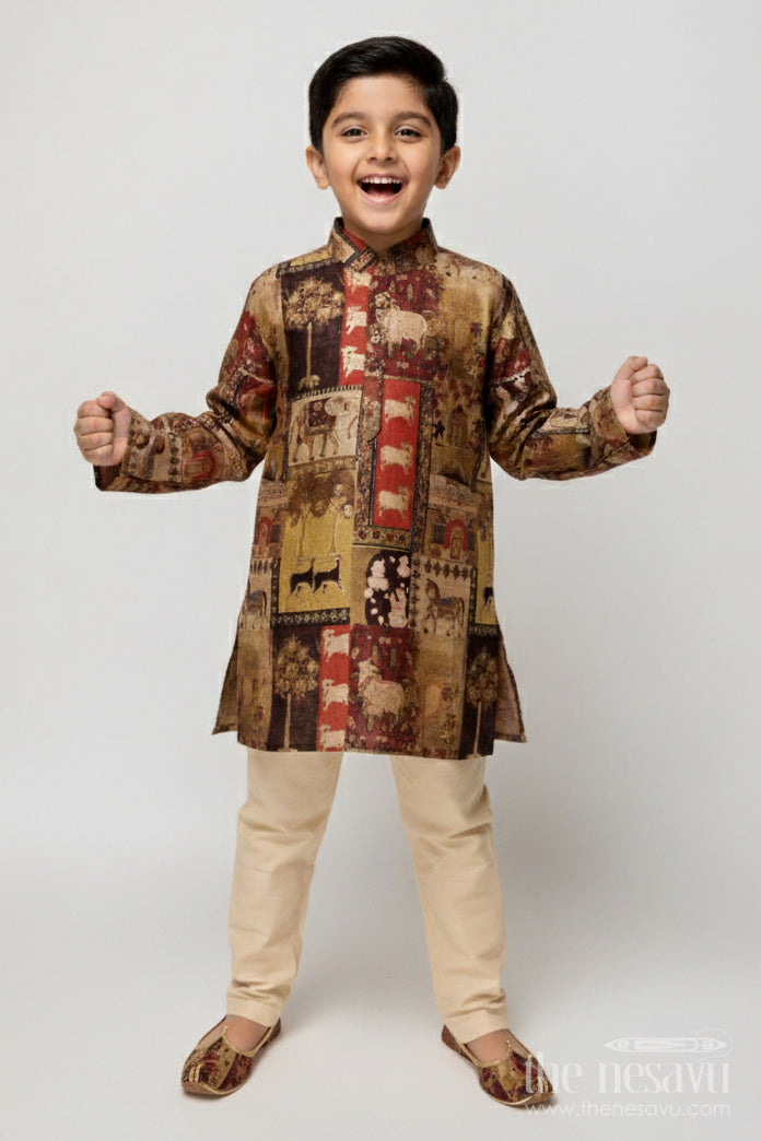 The Nesavu Boys Kurtha Set Boys Foil Print Kurta Set for Ethnic Functions and Birthdays Nesavu 16 (1Y) / Yellow BES853A-16 Nesavu boys foil print kurta set blended silk birthday parties traditional functions
