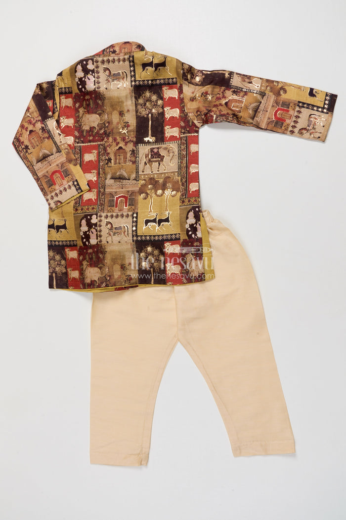 The Nesavu Boys Kurtha Set Boys Foil Print Kurta Set for Ethnic Functions and Birthdays Nesavu Nesavu boys foil print kurta set blended silk birthday parties traditional functions
