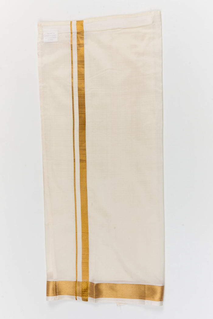 The Nesavu Boys Vesti Boys Silk Vesti with Zari Border for Weddings and Traditional Functions Nesavu 28 (7Y) / Cream / Silk D061A-28 Nesavu festive silk vesti for boys with broad zari design – perfect for weddings and family celebrations