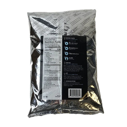 Back view of a packaged frappe mix with nutritional facts label and barcode on a white background