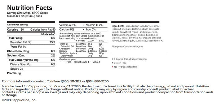 Nutrition facts label for Cappuccine Frappe Mix almost no sugar added vanilla with serving size, calories, and ingredient list.