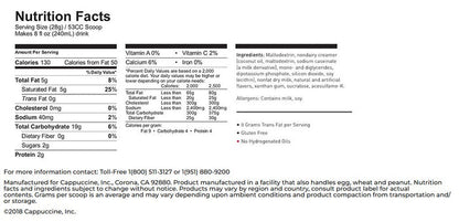 Nutrition facts label for Cappuccine Frappe Mix almost no sugar added vanilla with serving size, calories, and ingredient list.