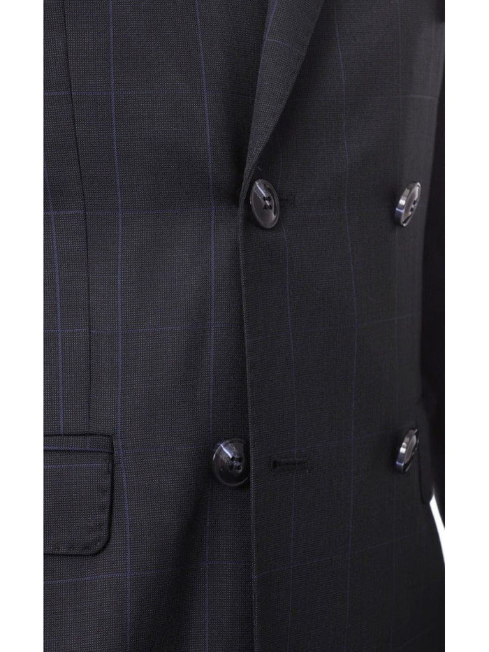 Carducci TWO PIECE SUITS Carducci Mens Navy Blue With Light Blue Windowpane 100% Wool Slim Fit Suit