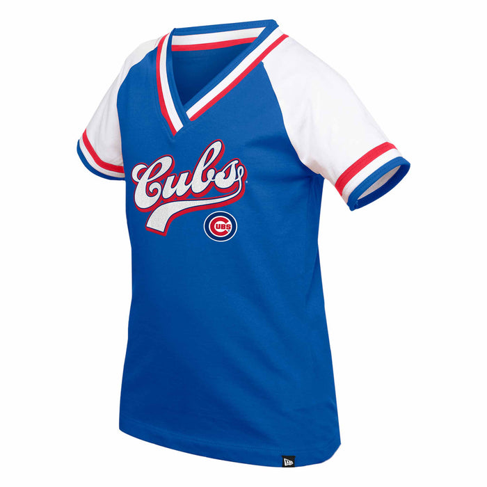 Chicago Cubs Youth Girls New Era Script V Neck T-Shirt