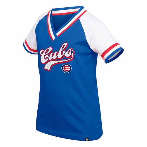 Chicago Cubs Youth Girls New Era Script V Neck T-Shirt