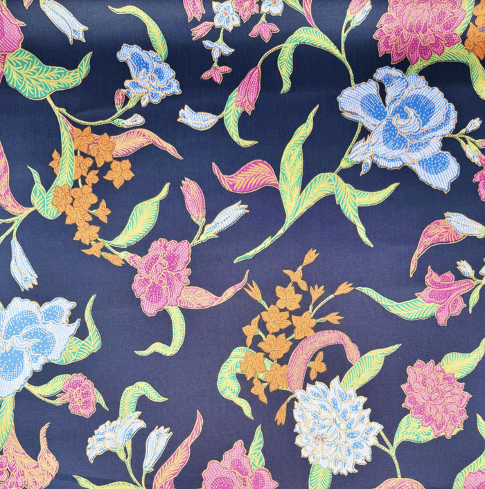 China Seas Fabric: Batavia - Multi Blue on 100% Cotton / Sateen (FROM HEBERLEIN IN SWITZERLAND)