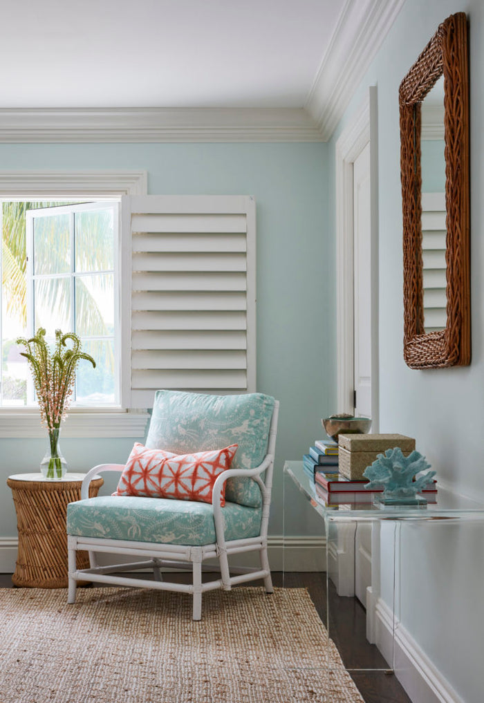 China Seas Fabric: Cirebon Reverse - Custom Pale Aqua on White Belgian Linen / Cotton