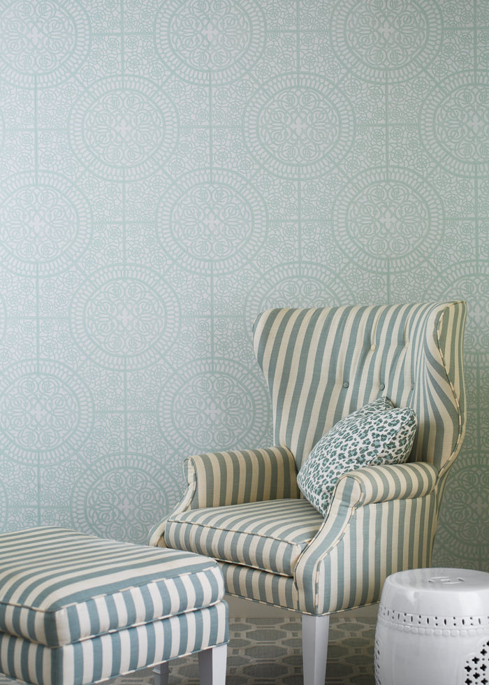 China Seas Fabric: Conga Line - Custom Pale Aquas on White Belgian Linen / Cotton