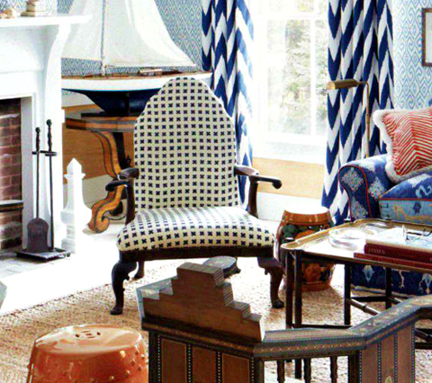 China Seas Fabric: Cross Check - Custom Sky Blue on Tan 100% Linen