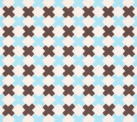 China Seas Fabric: Double Cross Multi - Custom New Blue / Brown on White Belgian Linen / Cotton
