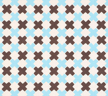 China Seas Fabric: Double Cross Multi - Custom New Blue / Brown on White Belgian Linen / Cotton