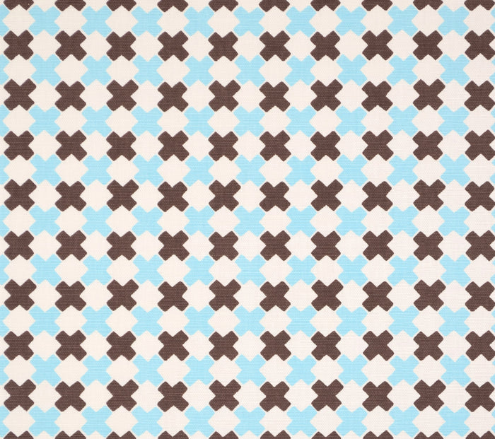 China Seas Fabric: Double Cross Multi - Custom New Blue / Brown on White Belgian Linen/Cotton