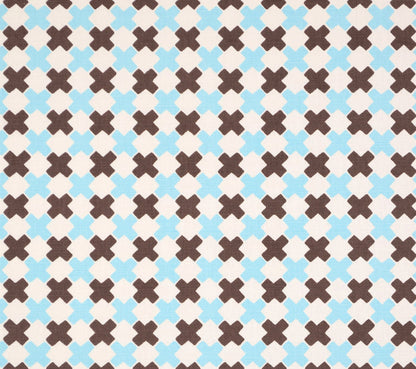 China Seas Fabric: Double Cross Multi - Custom New Blue / Brown on White Belgian Linen/Cotton