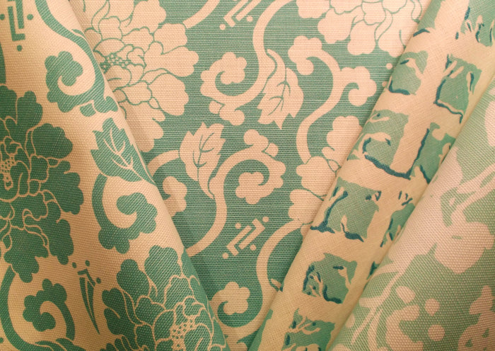 China Seas Fabric: Florals - Custom Jungle Green on Tinted Belgian Linen / Cotton