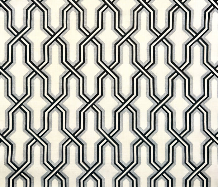 China Seas Fabric: Gorrivan Fretwork - Custom Black / Silver on White Belgian Linen / Cotton