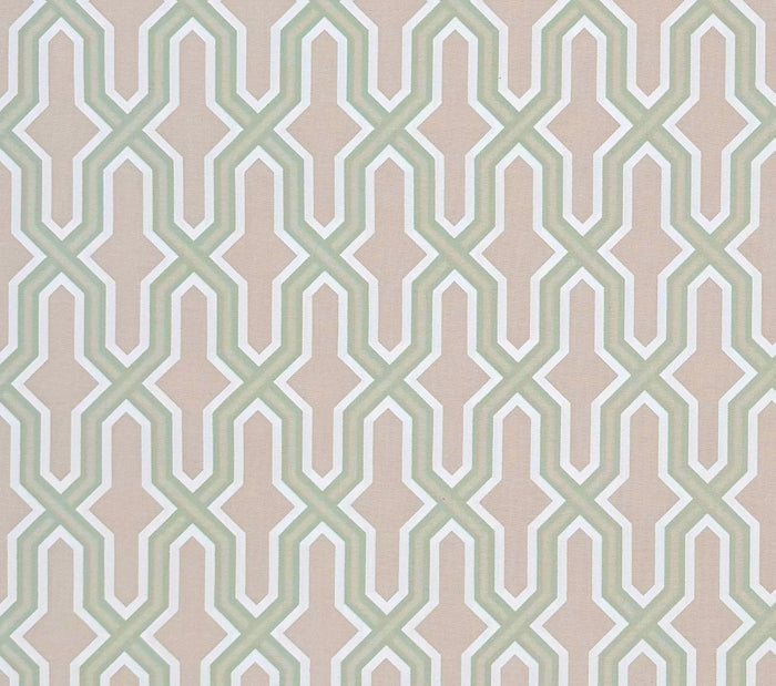 China Seas Fabric: Gorrivan Fretwork - Custom Celadon / White on Off White Suncloth (OUTDOOR)