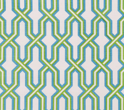 China Seas Fabric: Gorrivan Fretwork - Custom Grass Green / Sky Blue on White Belgian Linen / Cotton