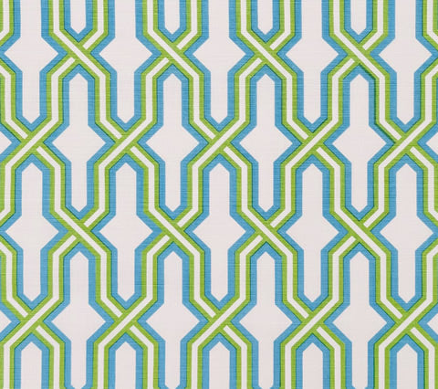 China Seas Fabric: Gorrivan Fretwork - Custom Grass Green / Sky Blue on White Belgian Linen / Cotton