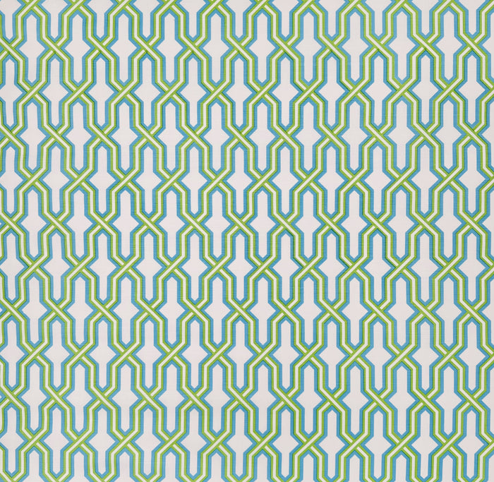 China Seas Fabric: Gorrivan Fretwork - Custom Grass Green / Sky Blue on White Belgian Linen / Cotton