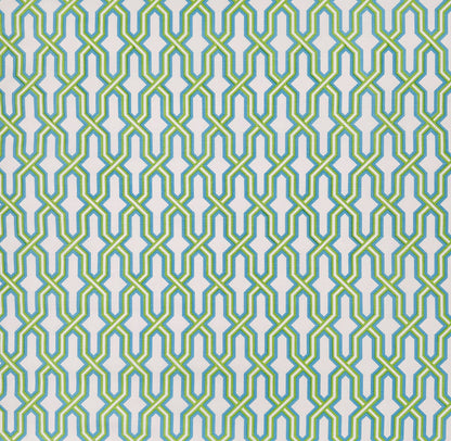 China Seas Fabric: Gorrivan Fretwork - Custom Grass Green / Sky Blue on White Belgian Linen / Cotton