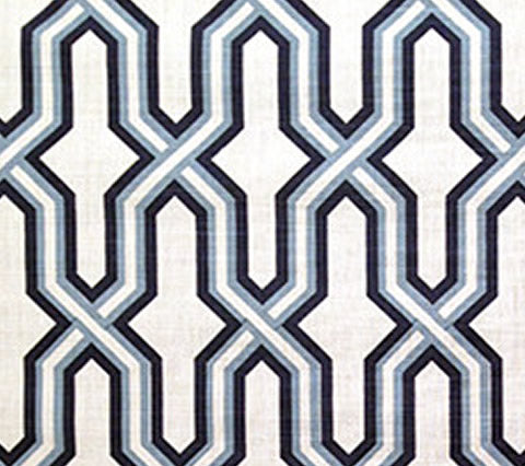 China Seas Fabric: Gorrivan Fretwork - Custom Navy / Periwinkle on White Belgian Linen / Cotton