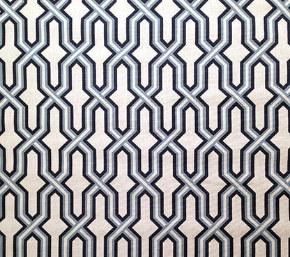 China Seas Fabric Gorrivan Fretwork Custom Navy Periwinkle geometric print on White Belgian Linen Cotton