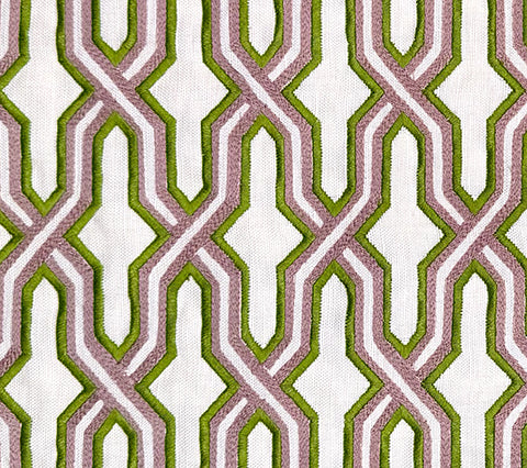 China Seas Fabric: Gorrivan Fretwork Embroidery - Asperge / Taupe on Ecru Linen / Cotton