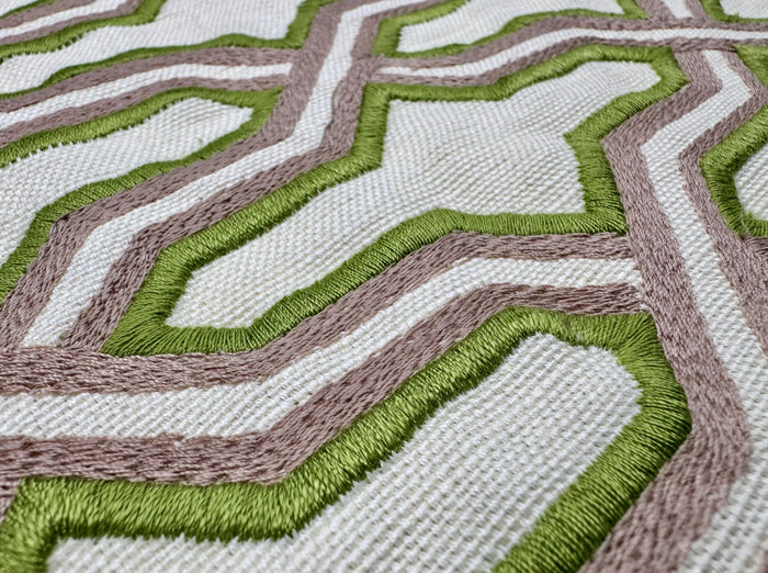 China Seas Fabric: Gorrivan Fretwork Embroidery - Asperge / Taupe on Ecru Linen / Cotton