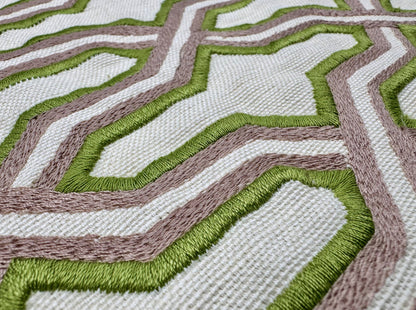 China Seas Fabric: Gorrivan Fretwork Embroidery - Asperge / Taupe on Ecru Linen / Cotton