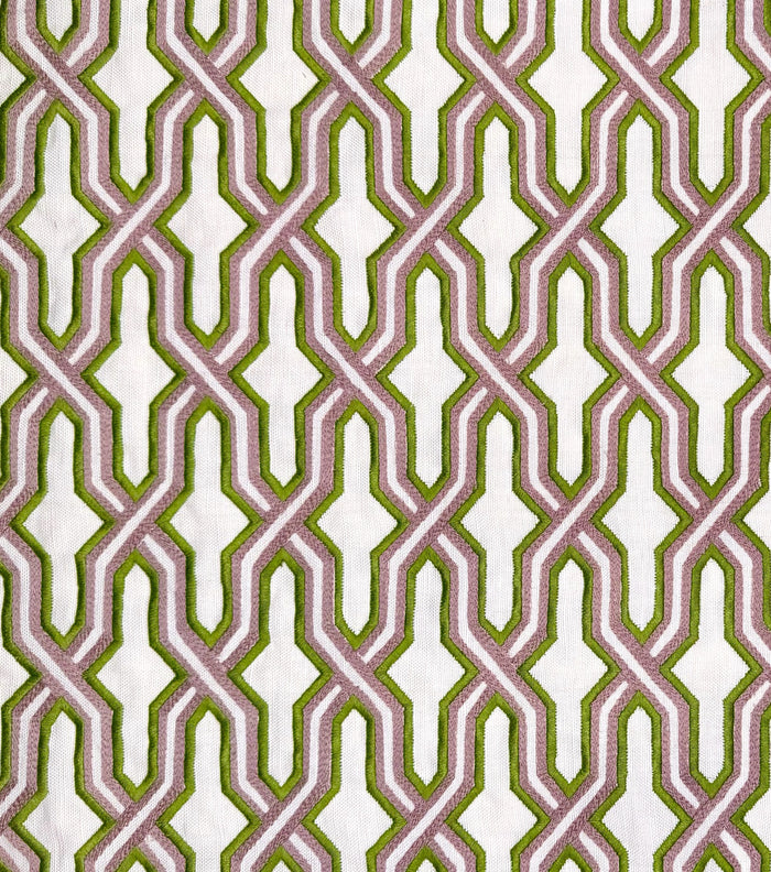 China Seas Fabric: Gorrivan Fretwork Embroidery - Asperge / Taupe on Ecru Linen / Cotton