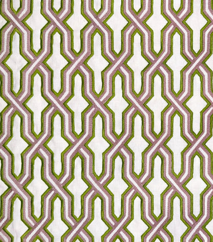 China Seas Fabric: Gorrivan Fretwork Embroidery - Asperge / Taupe on Ecru Linen / Cotton