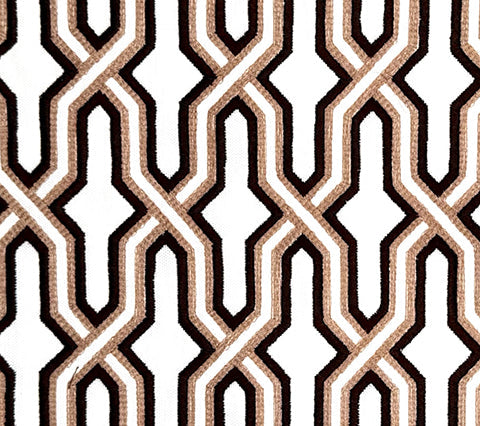 China Seas Fabric: Gorrivan Fretwork Embroidery - Brown / Taupe on White Linen / Cotton