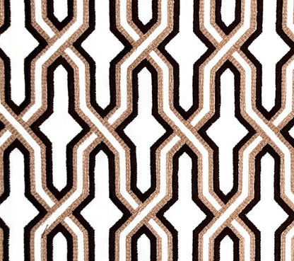 China Seas Fabric: Gorrivan Fretwork Embroidery - Brown / Taupe on White Linen / Cotton