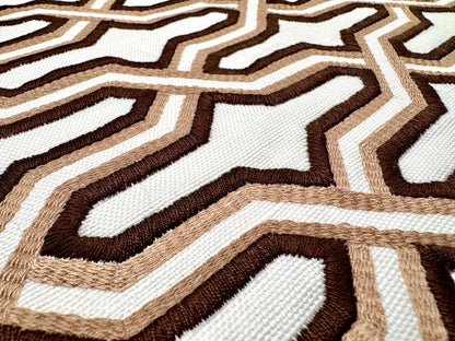 China Seas Fabric: Gorrivan Fretwork Embroidery - Brown / Taupe on White Linen / Cotton
