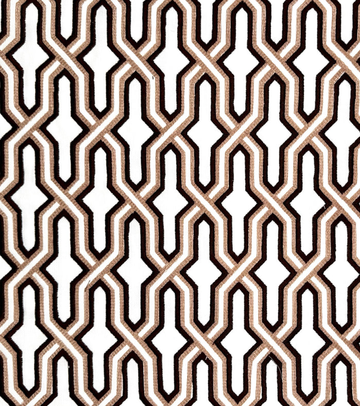 China Seas Fabric: Gorrivan Fretwork Embroidery - Brown / Taupe on White Linen / Cotton