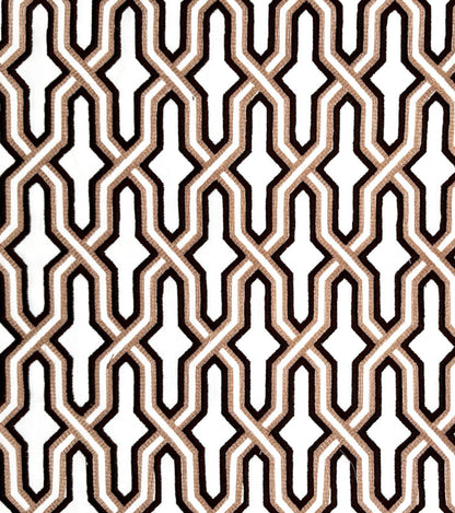 China Seas Fabric: Gorrivan Fretwork Embroidery - Brown / Taupe on White Linen / Cotton