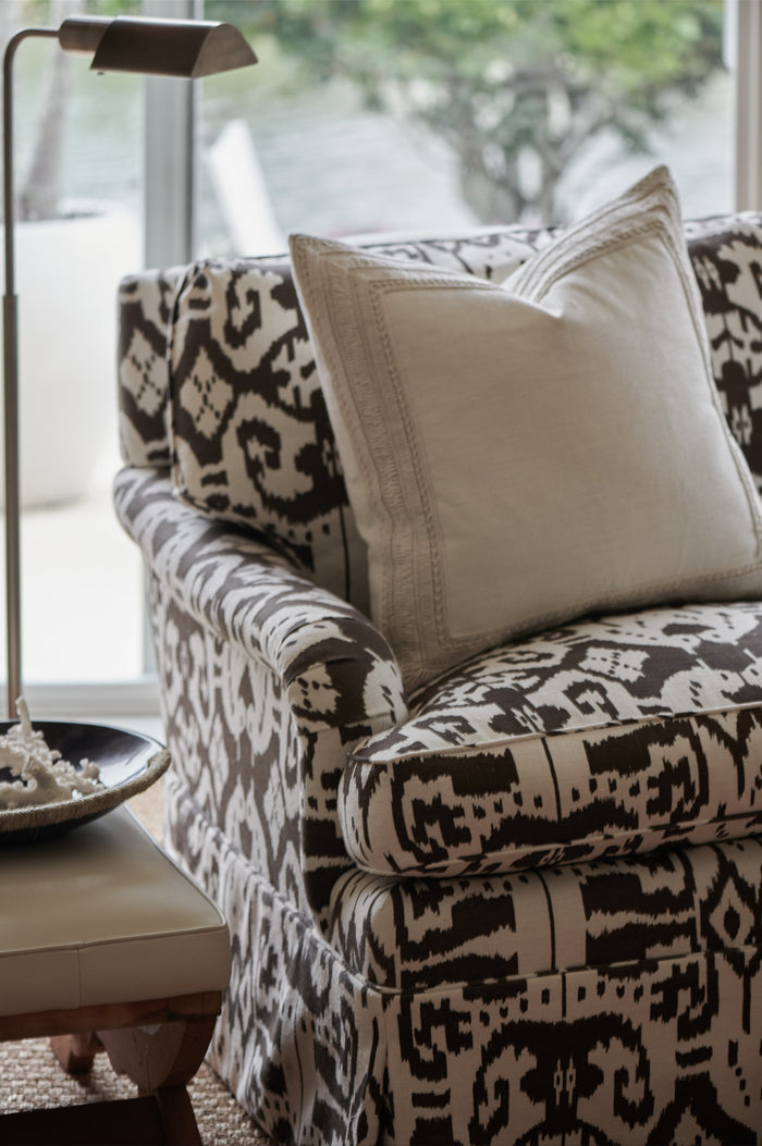 China Seas Fabric: Island Ikat - Custom Pumice on White Belgian Linen / Cotton