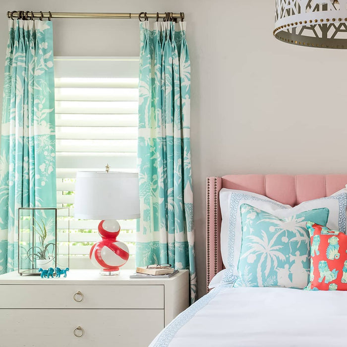 China Seas Fabric: Lyford Background - Custom Turquoise on White 100% Linen