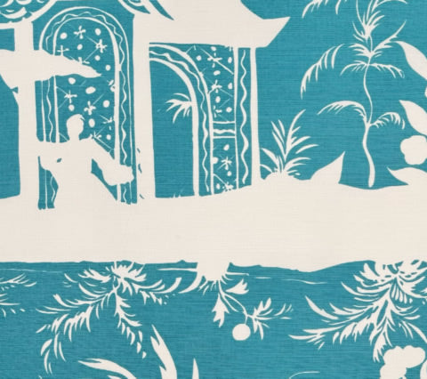 China Seas Fabric: Lyford Background - Custom Turquoise on White Belgian Linen / Cotton