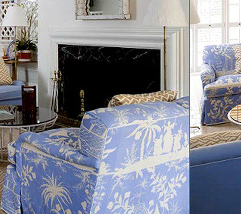 China Seas Fabric: Lyford Background - Custom Turquoise on White Belgian Linen / Cotton
