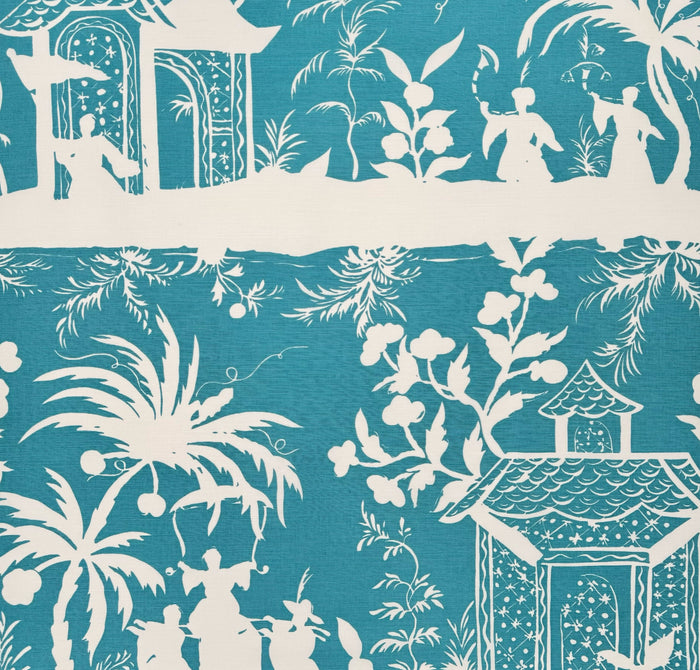 China Seas Fabric: Lyford Background - Custom Turquoise on White Belgian Linen / Cotton