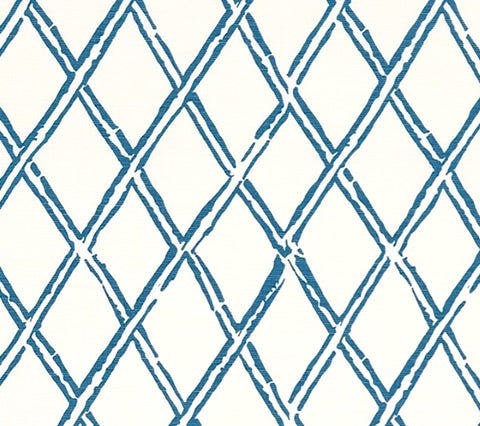 China Seas Fabric: Lyford Diamond Bamboo - Custom Blue on White Belgian Linen / Cotton