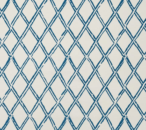 China Seas Fabric: Lyford Diamond Bamboo - Custom Blue on White Belgian Linen / Cotton