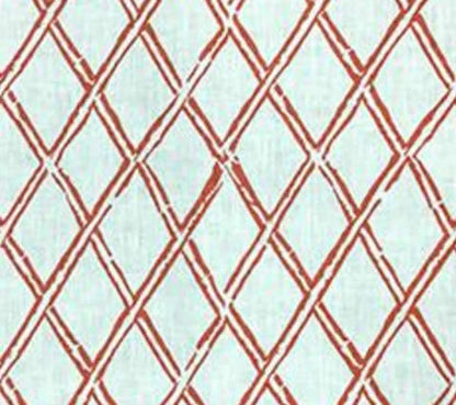 A fabric featuring a geometric bamboo trellis pattern on a shrimp on oyster background.