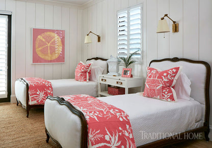 China Seas Fabric: Lyford Pagoda Reverse - Custom Dark Pink on White Belgian Linen / Cotton