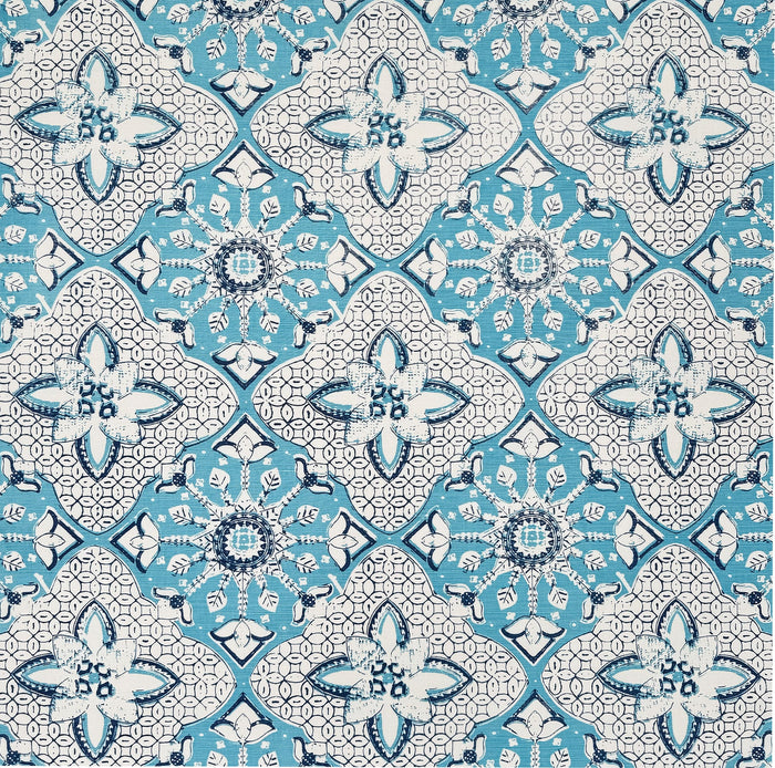 China Seas Fabric: New Batik - Custom Turquoise / New Navy on Tinted Belgian Linen / Cotton