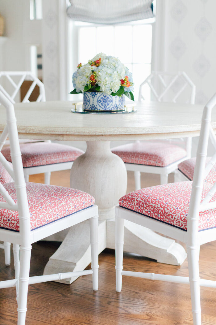 China Seas Fabric: Nitik II - Custom Apricot / Bali Blue on White Suncloth (OUTDOOR)